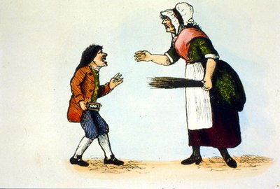 Un niño es castigado en una escuela de damas, ilustración de una historia del hornbook de School English