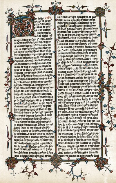 Copia de una página del Evangelio de San Marcos, traducción de la Biblia al inglés realizada por Wycliffe hacia 1400 (impresión) de School English