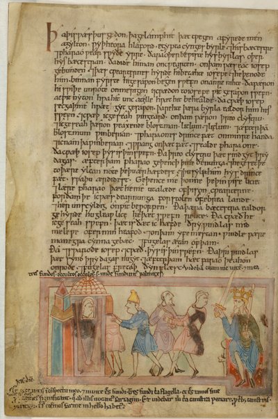 Cotton Claudius B. IV, f.58v Una escena que muestra la justicia anglosajona, ilustración de (vitela) de School English
