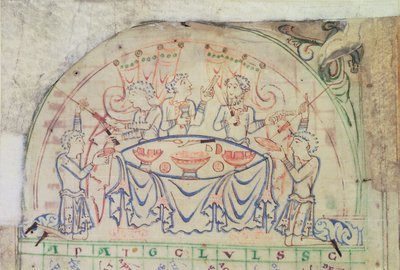 Algodón MS Tiberius C VI f.5v Escena de fiesta de un calendario, tercer cuarto del siglo XI-segunda mitad del siglo XII (pergamino) de School English