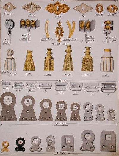 Herrajes de cerradura de puerta, de un catálogo comercial de bienes y accesorios domésticos, c.1890-1910 de School English