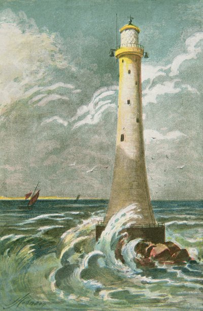 Faro de Eddystone frente a Plymouth (litografía en color) de School English
