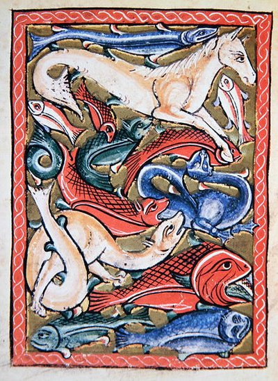 Peces y animales marinos, facsímil de una miniatura de manuscrito del siglo XII de School English