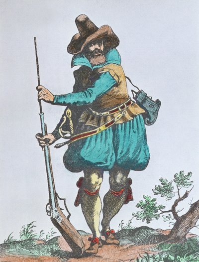 Soldado alemán de principios del siglo XVII, armado con mosquete de mecha de School English