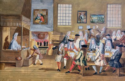 Interior de un café londinense, c.1650-1750 (acuarela sobre papel) de School English