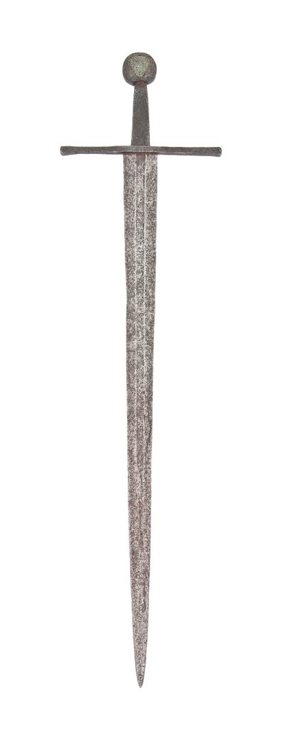 Espada ancha medieval tardía, con hoja vikinga anterior y con los brazos de la familia De Bohun, Condes de Hereford y Essex de School English