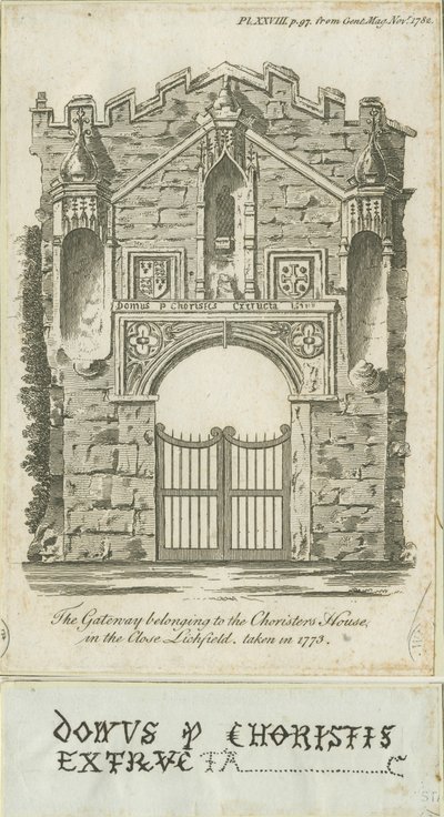 Lichfield - Puerta de la Casa de los Coristas: grabado de School English