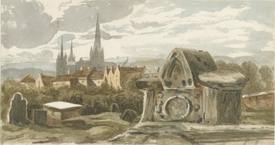 Lichfield - Tumba antigua en el cementerio de la Iglesia de San Miguel: pintura en acuarela, nd [?siglo XIX] de School English