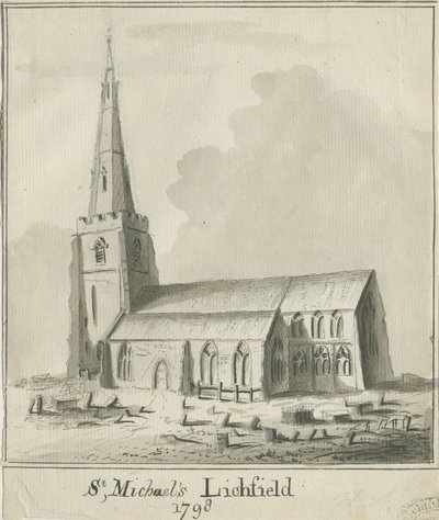 Lichfield - Iglesia de San Miguel: dibujo a pluma y lavado en sepia de School English