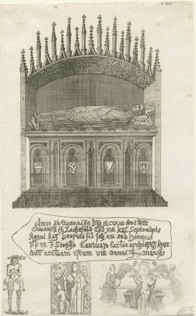 Catedral de Lichfield - Tumba del obispo [?Obispo Cornhill]: grabado, nd [?finales del siglo XVIII] de School English