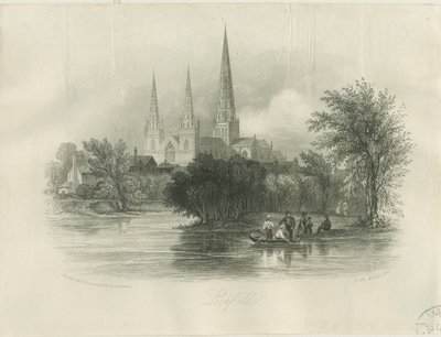 Catedral de Lichfield - Vista suroeste: grabado (viñeta), nd [c 1842] de School English