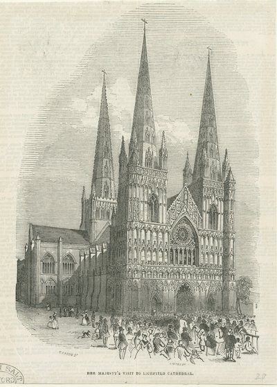 Catedral de Lichfield - Fachada Oeste: grabado en madera, nd [1843] de School English