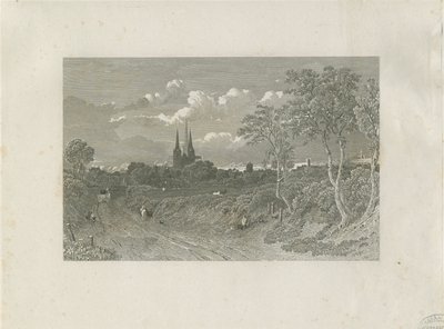 Catedral de Lichfield - Vista oeste (distante): grabado, nd [?siglo XVIII] de School English