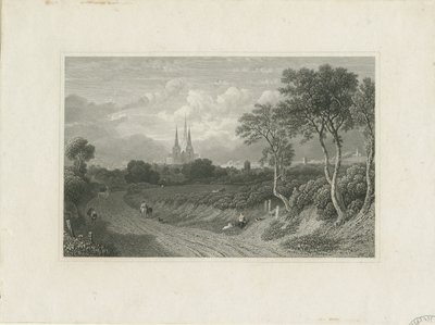 Catedral de Lichfield - Vista oeste (distante): grabado, nd [?siglo XVIII] de School English