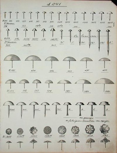 Clavos, tachuelas y alfileres, de un catálogo comercial de bienes y accesorios domésticos, c.1890-1910 de School English