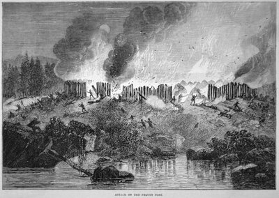 Colonos blancos de Nueva Inglaterra atacan el fuerte indio Pequot durante la Guerra Pequot de 1637 de School English