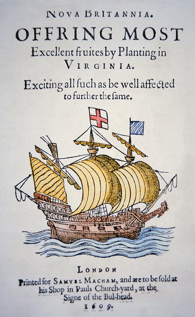 Folleto que anima a los colonos a ir a Virginia en América, publicado en 1609 de School English