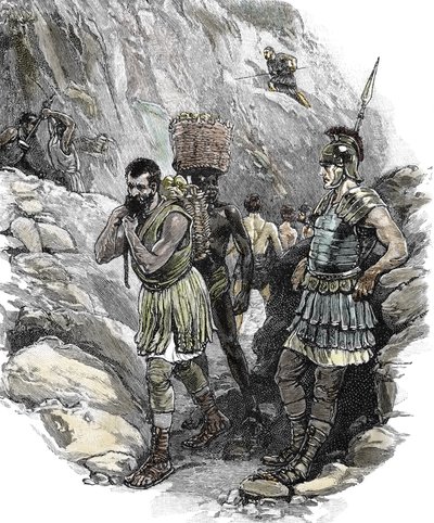 Legionario romano supervisando a trabajadores anglosajones en una mina de estaño, Inglaterra 50 d.C. (imprimir) de School English
