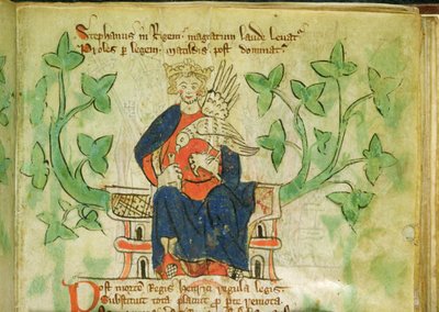 Roy.20 A II f.7 El rey Esteban entronizado, escrito durante el reinado de Eduardo II (1284-1327) de School English