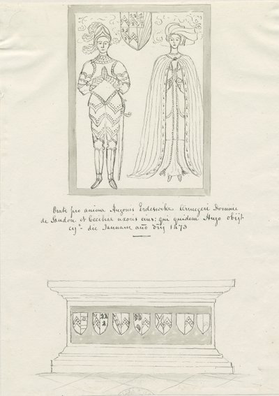 Iglesia de Sandon - Tumba de Hugh Erdeswicke y Cecilia [Bassett]: dibujo en tinta y pluma, s.f. [?siglo XVIII] de School English