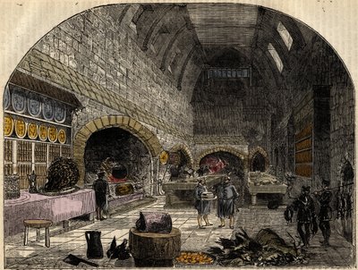 La cocina del siglo XVI de la reina Isabel I - grabado de “Historia de Inglaterra” por Cassell Petter & Galpin de School English