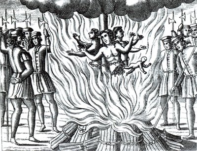 Relato de los tres mártires de Guernsey quemados en la hoguera, de una edición de "Actas y Monumentos" de John Foxe (1516-87) (grabado). de School English