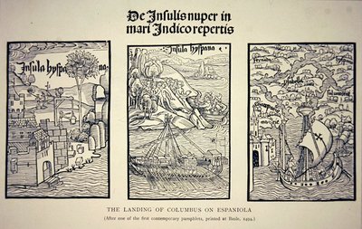 El desembarco de Colón en Española, según un folleto contemporáneo publicado en Basilea en 1494 de School English