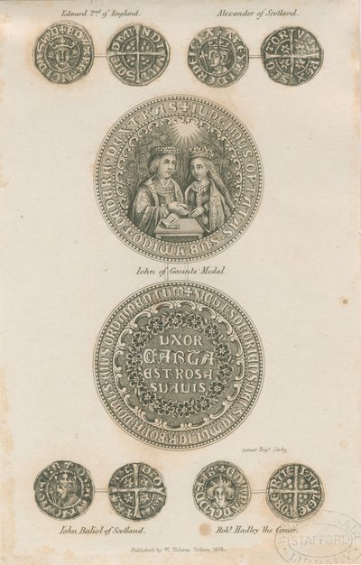 Tutbury - Placa de monedas medievales: grabado, nd [c 1832] de School English