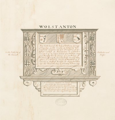 Iglesia de Wolstanton - Monumento en la Pared a William Yonge de Caynton: dibujo a pluma y lavado, nd [?siglo XIX] de School English