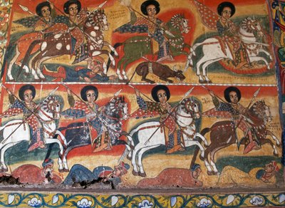 Caballeros con lanzas, pinturas en el Monasterio de Ura Kidane Meret (siglo XVII), Gran Bahar Dar, península de Zege, Etiopía (detalle) de School Ethiopian