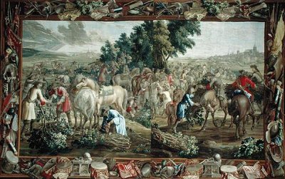 Doble tapiz que representa recolectores de ramas fuera de una ciudad, taller de Bruselas de School Flemish