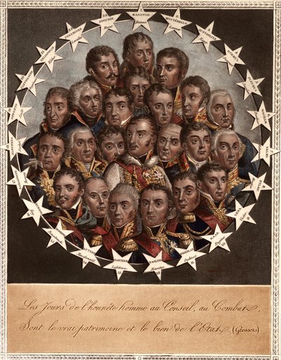Un héroe por la victoria - Los días de honestidad en el Consejo, en el Combate - son la verdadera herencia y el bien del estado. (Gressets) - 1. marengo. dessaix. 2. montebello. lannes. 3. austerlitz. rapp. 4. eckmuel. davoust. 5. florus. jourdan. 6. wagra de School French