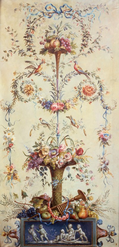 Una Trompeta de Flores y Frutas decorada con Guirnaldas de Flores de School French