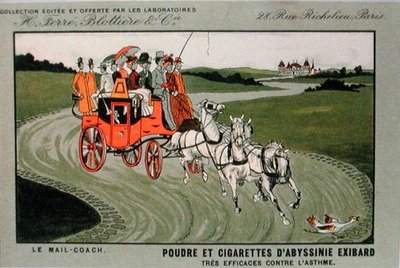 Anuncio de la marca de cigarrillos, Exibard, que representa un coche de correos y afirma que el tabaco y los cigarrillos son efectivos contra el asma de School French