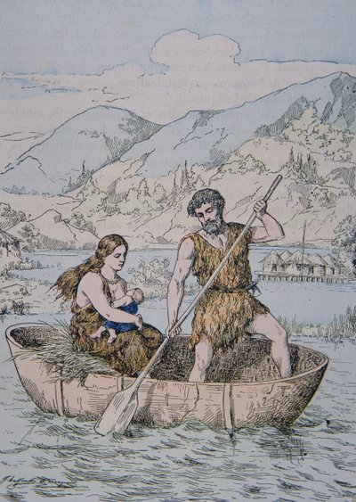 Galos antiguos en un bote tipo Coracle de School French