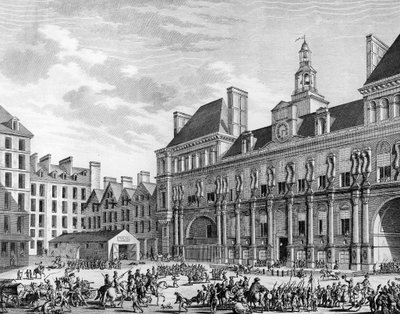 Ataque de la casa común (ayuntamiento) el 29 de julio de 1794 en París por las tropas de la Convención. París, Biblioteca del Instituto de Historia de la Revolución de School French