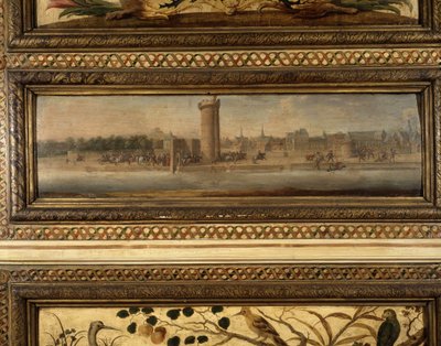 Entrada de Enrique IV en París: Charles de Cossé Brissac (Cosse-Brissac) abrió a Enrique IV (1553-1610) la puerta de la Conferencia (1594) - el paisaje mediano de uno de los grandes paneles en la sala - Salón de la Meilleraye. Arsenal. Pintura de Quillerie de School French