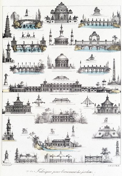 Fachada de diferentes edificios dedicados a la fabricación de adornos de jardín de School French