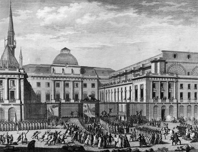 Revolución Francesa: Ayuntamiento de París, parlamento en noviembre de 1790 en la isla de la ciudad presidido por Jean Baptiste Gaspard Bochart de Saron. París, Biblioteca del Instituto de Historia de la Revolución de School French