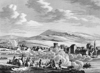 Guerra de la Revolución Francesa y movimientos antirrevolucionarios: Tropas francesas cruzando el Rin hacia Düsseldorf, Alemania, el 20 de fructidor Año III (6 de septiembre) de School French