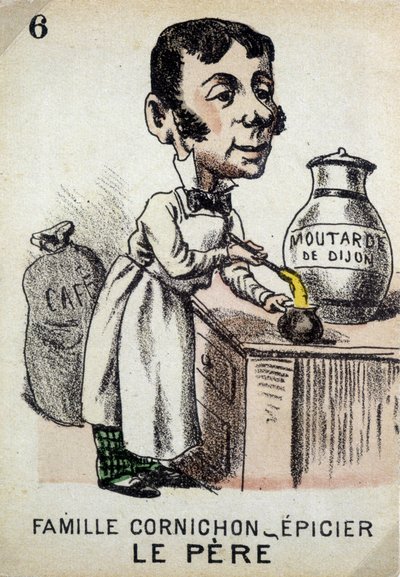 Juego de las Siete Familias: El Padre de la Familia Cornichon-tendero preparando mostaza de Dijon. Musée de la Carte à Jouer, Issy-les-Moulineaux de School French