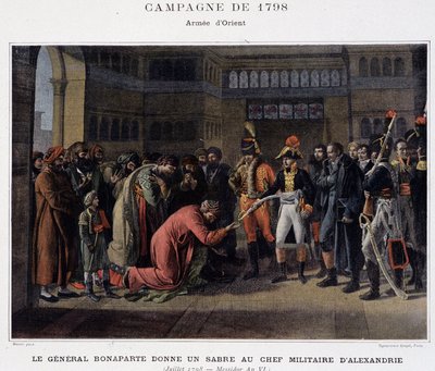 El General Bonaparte entrega una espada al líder militar de Alejandría - en “Victoires et Conquêtes des Armées Françaises”, París, s.f. de School French