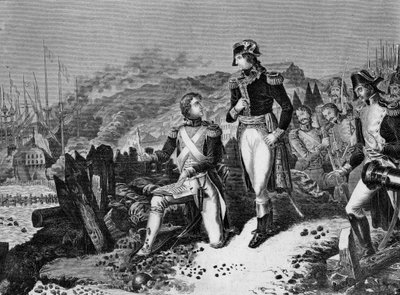 El General Jean Andoche Junot (Jean-Andoche) (1771-1813), Duque de Abrantes escribiendo una carta para Napoleón Bonaparte en el sitio de Toulon en diciembre de 1793. Junot y el General Napoleón Bonaparte durante el sitio de Toulon de School French
