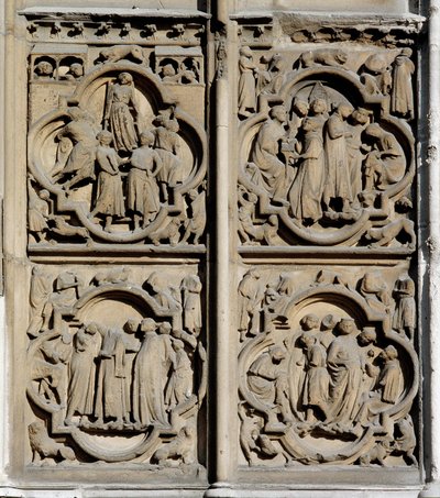 Arte gótico: escenas de enseñanza. (detalle) del portal sur de la Catedral de Notre Dame en París de School French