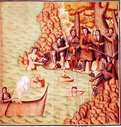 Indios del Estrecho de Magallanes con exploradores franceses, ilustración del 