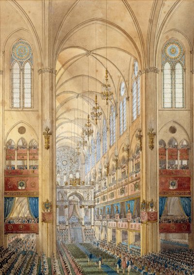 Interior de la catedral de Notre Dame de París durante la coronación de Napoleón I (1769-1821) el 2/12/1804 de School French