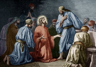 Jesucristo enseñando la oración a Juan (grabado en color) de School French
