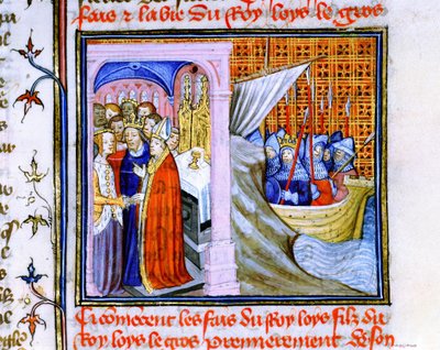 Matrimonio de Leonor de Aquitania y Luis VII de Francia (1137) a la izquierda, y embarque para la Segunda Cruzada 1147-1149, de la "Chronique de St Denis" (vitela). de School French