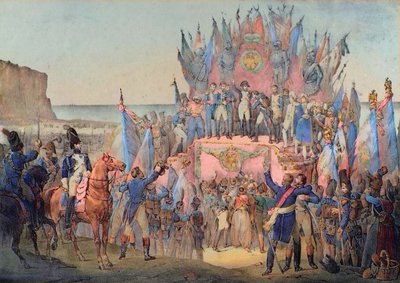 Festival militar en Boulogne con Napoleón distribuyendo estrellas de la Legión de Honor - Victor Adam (francés) de School French