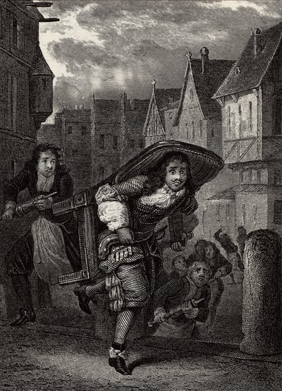 "Monsieur de Pourceaugnac" Grabado de "obras" del autor inglés Molière - Escena de la obra de teatro "Monsieur de Pourceaugnac" por Jean-Baptiste Poquelin llamado Molière (Jean Baptiste Poquelin) de School French